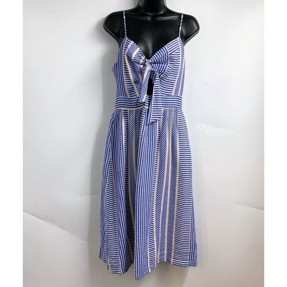 Lush Women's World Wonder Blue Stripe Tie-front Midi Sun Dress SIze M
